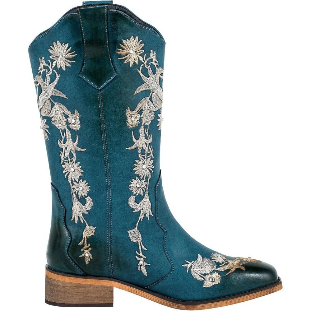 SheSole Womens Blue Floral Square Toe Cowboy Boots Cowgirl Boots Wide Calf - Picture 2 of 9
